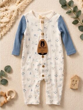 Bear Crest Cream One-Piece Footie with Blue Ribbed Sleeves